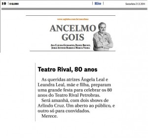 21.03.2014 - Jornal O Globo - Col. Ancelmo Gois - Rival 80 anos